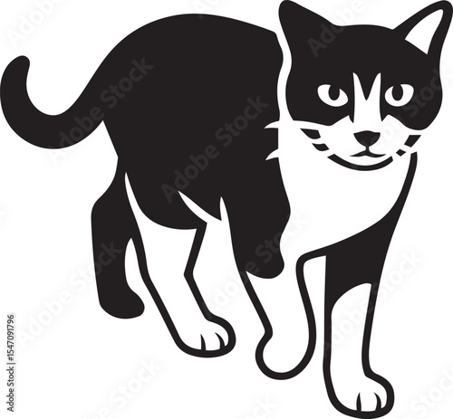 Cat silhouette facing forward black and white design, Feline front view in minimal sketch