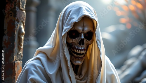 terrifying ghost with evil skull face in white shroud, left side, prismatic style, under daybreak shine.