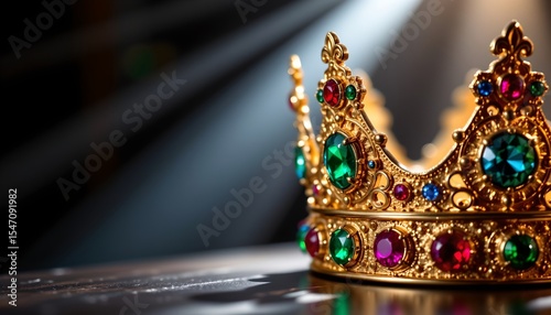 detailed close up of a golden crown with rubies, sapphires, and emeralds under a focused beam of light, futuristic style, on the left with copy space on the right.