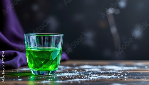 mystical green elixir: a glowing potion in a crystal cup position on the right side with copy space on the left style: lightwave optimized for photo use.