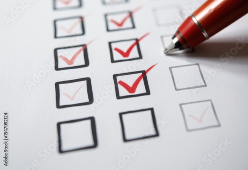 Checklist with red checkmarks and pen