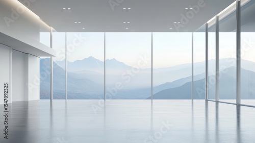 Contemporary architectural space featuring seamless floor-to-ceiling windows with mountain view, glossy polished concrete flooring reflecting ambient light, minimalist white walls creating