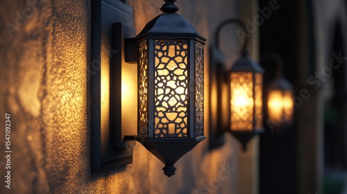 Antique inspired wall mounted lantern, delicate geometric metalwork, black metal construction, gentle illumination through pattern work, multiple fixtures perspective view, ambient lighting effect,