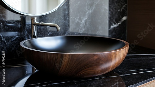 Luxurious bathroom interior featuring rich walnut wood vanity cabinet, matte black vessel sink, circular brushed metal mirror frame, polished chrome faucet, dark veined marble floor tiles, premium