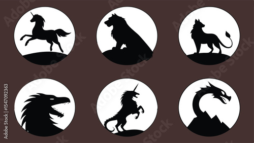 Black silhouette illustrations of mythical creatures like unicorns dragons and fantastic animals in circular frames