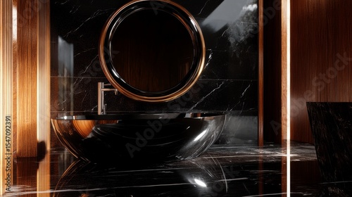 Contemporary bathroom space with sleek wooden storage units, dramatic black porcelain basin, geometric round mirror frame, high-end chrome fixtures, premium black marble flooring, professional