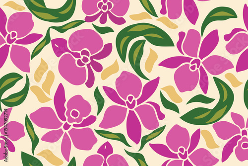 Seamless orchid floral pattern in pink with green leaves and beige accents on a cream background—elegant and tropical, perfect for fabric and summer design.