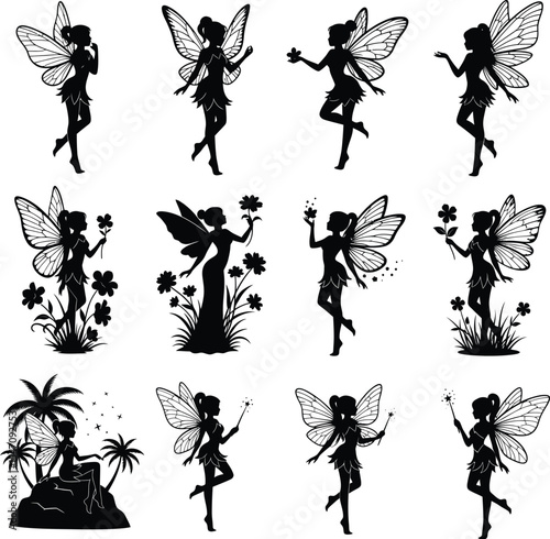 Black Fairy Silhouette Illustration Set in Grid Layout Featuring Whimsical Poses and Nature-Inspired Elements