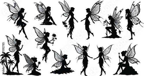 Black Fairy Silhouette Illustration Set in Grid Layout Featuring Whimsical Poses and Nature-Inspired Elements