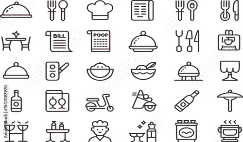 Restaurant Menu Icons Collection:  Food Service Utensils Delivery and Chef Hat Symbols for Design