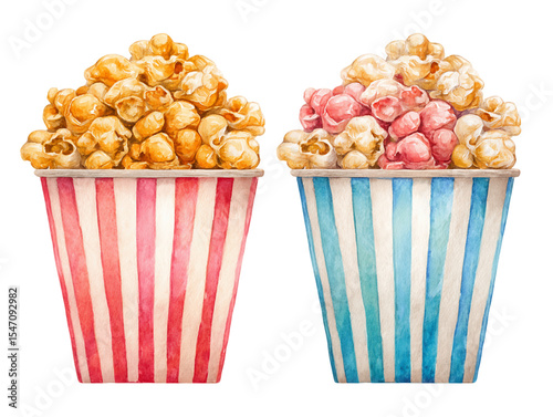 Watercolor Popcorn in Striped Buckets, PNG