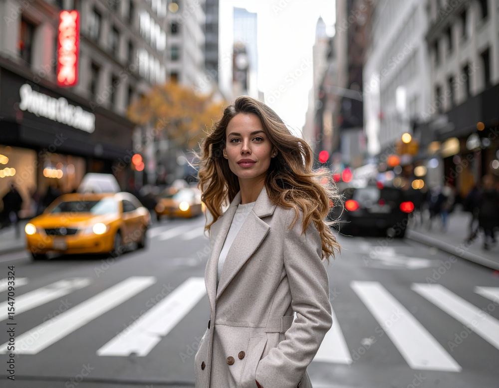 Fototapeta premium Woman in grey coat looking contemplative amid NYC chaos