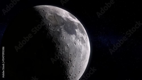 Detailed half moon orbiting with visible craters against a backdrop of shimmering stars and galaxies in deep space environment