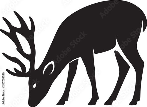 Silhouette of a deer grazing black and white sketch, Peaceful animal illustration minimal style