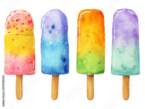 Watercolor Popsicles: Vibrant Pink, Blue, Orange, and Purple Summer Treats, PNG