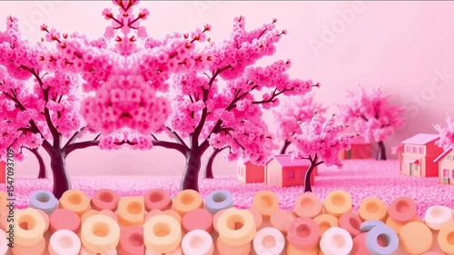 Pink Sakura Fields : An adorable animated video featuring buildings and cherry blossom in a pink animated style. This background is ideal for seamless visual integration.