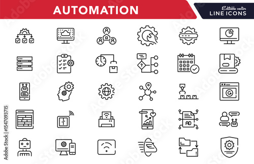 Automation linear icon set. Artificial Intelligence, information technology, computing, IT manager, network, internet, big data, cloud, analytics, business vector icon set. UI thin line icon pack.