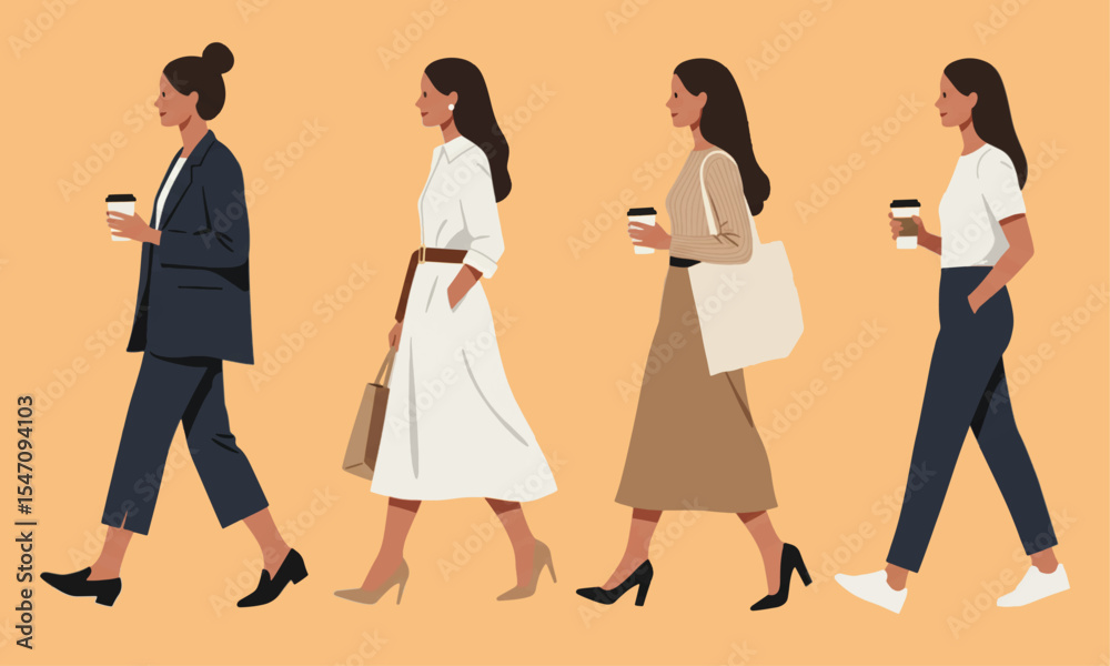 Obraz premium flat vector illustration of four urban working women walking in side view