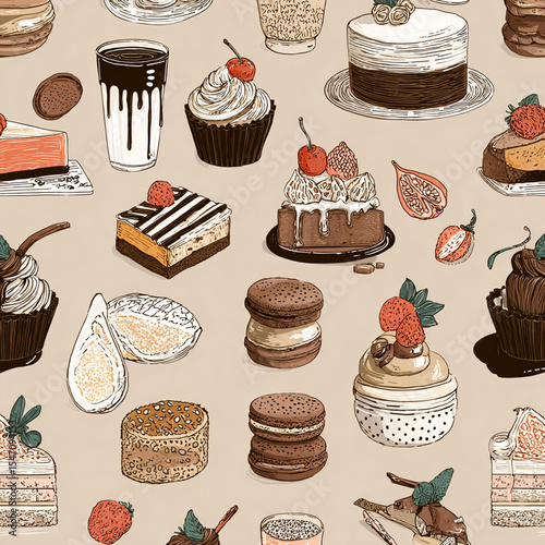 Seamless Pattern of Hand Drawn Desserts Featuring Cakes Cupcakes Macarons and Drinks in a Sketch Style Perfect for Backgrounds Textiles and Food Related Designs