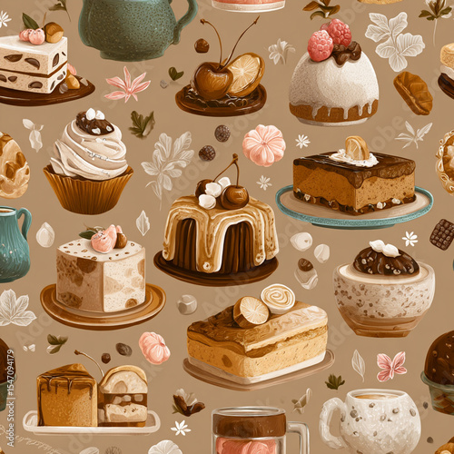 A delightful seamless pattern featuring an assortment of decadent cakes pastries and beverages rendered in a warm inviting color palette with floral accents for a
