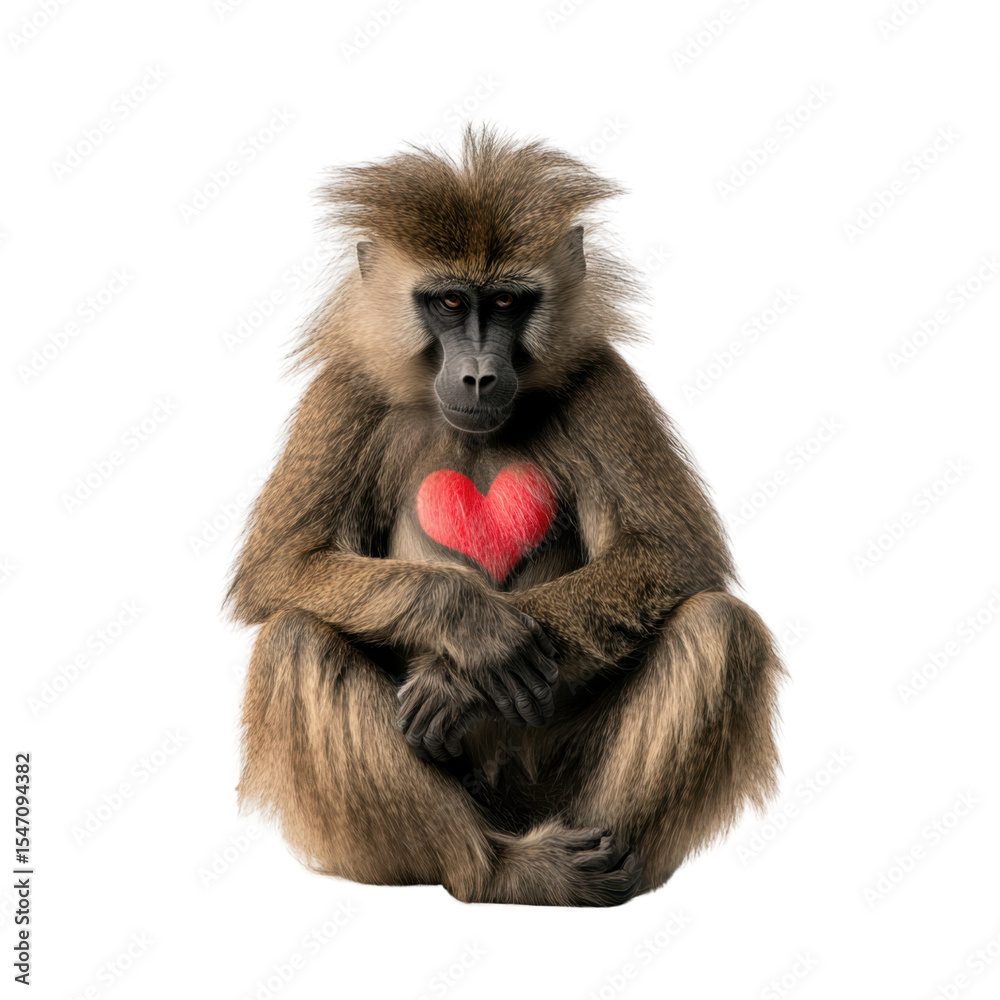Fototapeta premium Baboon Sitting with Heart Symbol on Chest and Thoughtful Expression
