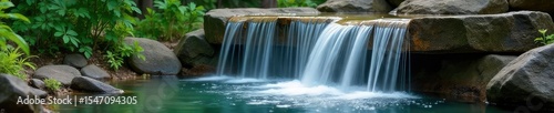 Serene cascading water flows down tiered levels of a tranquil waterfall fountain, creating a peaceful and refreshing atmosphere Perfect for relaxation and nature themes , sound, tiers