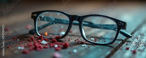 A close-up shot of a pair of eyeglasses broken and discarded, symbolizing the rejection and frustration associated with vision correction , hate, eyeglasses, dislike