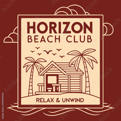 Horizon Beach Club Logo Design Beige Cream Brown Wooden Beach House Palm Trees Birds Relax Unwind