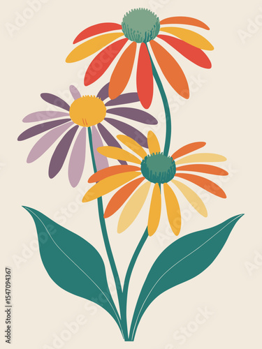 Vibrant Hand-Drawn Flowers with Green Leaves – Colorful Botanical Illustration