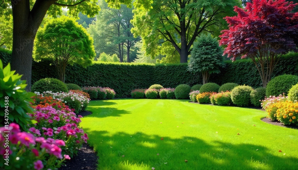 Obraz premium A lush green lawn, vibrant flowerbeds, and mature trees create a tranquil and inviting backyard oasis Perfect for home improvement and gardening projects , soil, greenery