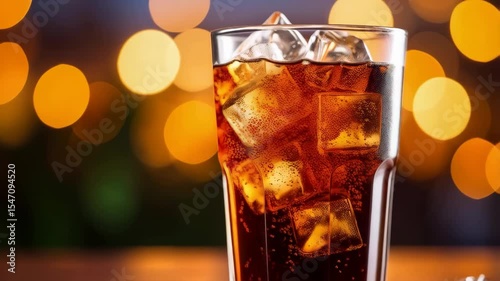 Refreshing carbonated beverage in a glass with ice cubes, served on a wooden surface with sparkling bokeh background