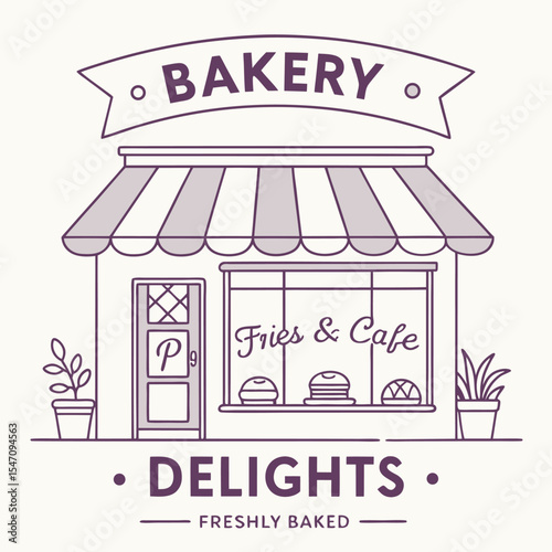 Parisian Style Bakery Shop Illustration Purple Line Art Fries Cafe Delights Freshly Baked Striped Awning Potted Plants