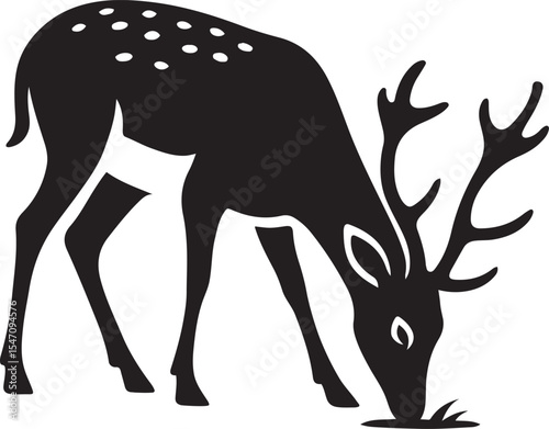 Grazing deer black silhouette simple shape, Forest animal line illustration