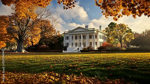 Majestic autumn landscape featuring a grand white mansion surrounded by vibrant fall foliage