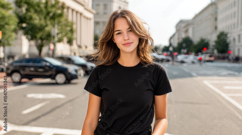 Fototapeta premium Natural beauty with radiant skin, soft black T-shirt, and dark shades captured while walking outside.