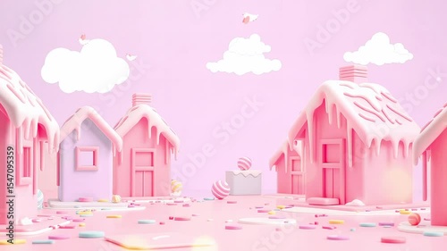 Candy Land Homes: A Playful Panorama of Pink Houses and Colorful Sprinkles Against a Light Sky