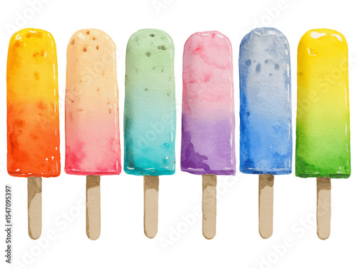 Watercolor Rainbow Popsicles on Transparent Background, PNG