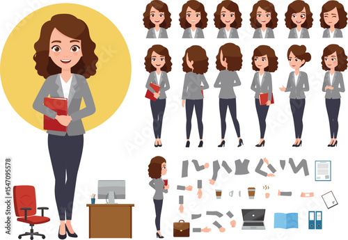 Business Woman Character Set: Professional Female with Various Poses, Emotions, and Office Objects for Animation and Design