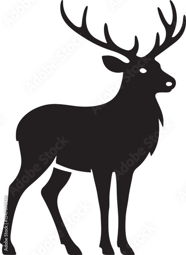 Elegant black deer silhouette forest theme drawing, Standing animal illustration simple art