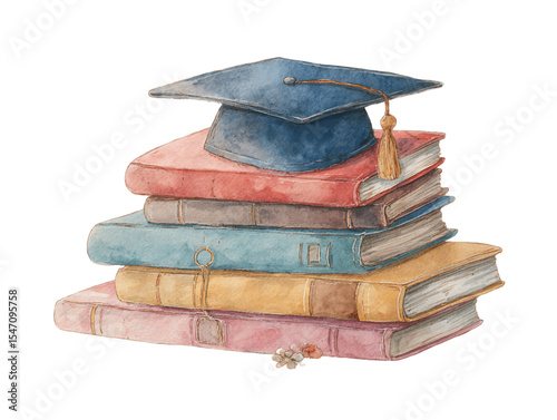 Watercolor Stack of Books with Graduation Cap, PNG