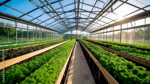 Interior view of glass greenhouse with rows of fresh leafy vegetables under clear blue sky for sustainable farming and cultivation