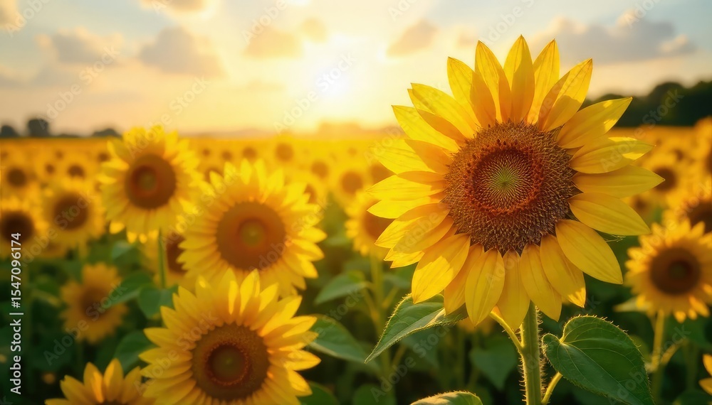 Obraz premium A field of sunflowers basking in the golden sunlight, their faces turned towards the sun, creating a vibrant and joyful scene Perfect for summer, nature, and happiness themes , happy, field, joyful