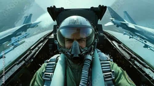 Confident Pilot in a Fighter Plane Cockpit Amidst Military Jets