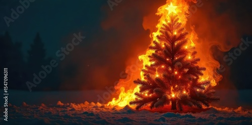 Flames engulf a decorated Christmas tree, highlighting the danger of overloaded electrical circuits and flammable materials A stark warning of fire safety during the holidays , warning, hazard