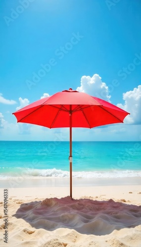 Vibrant red beach umbrella providing shade on a sunny day at the seaside Perfect for summer vacation themes and travel imagery Enjoy the tranquil coastal scene , outdoor, umbrella
