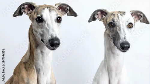 Elegant whippet dogs looking at the camera, studio shot on plain white background.