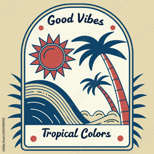 Retro Style Graphic Design Featuring a Dark Teal Wave Palm Tree and Terracotta Sunset Long Beach Endless Beach Life Text