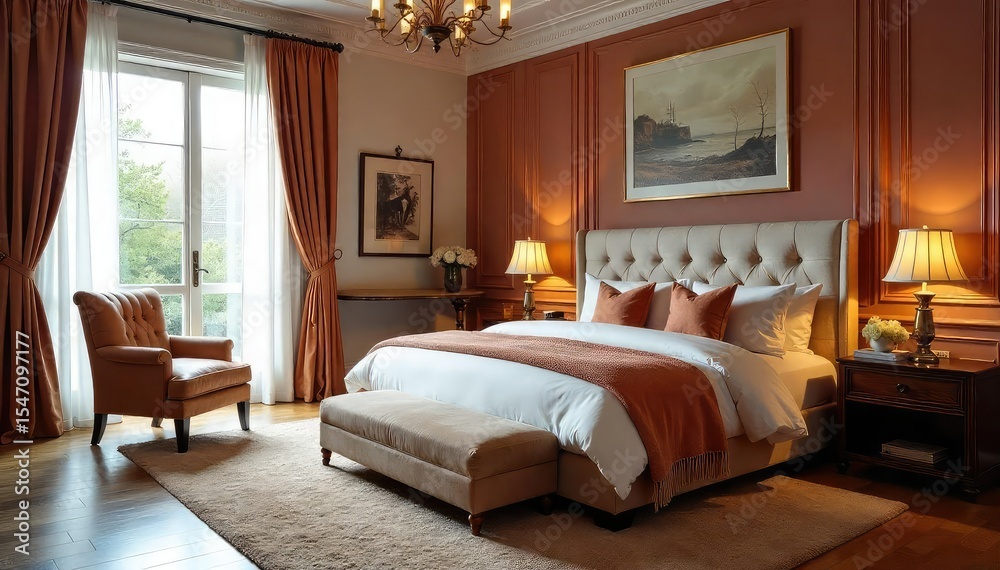 Fototapeta premium A luxurious bedroom, impeccably styled with rich fabrics, plush textiles, and elegant accessories The room exudes sophistication and calm, perfect for relaxation and rest , sheet, spacious