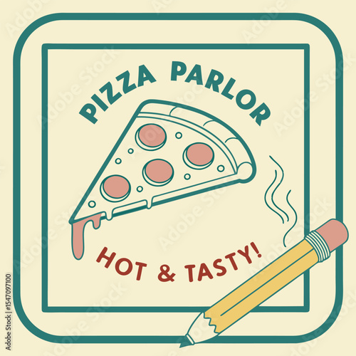 Retro Style Pizza Parlor Logo Design Featuring a Teal and Beige Color Palette a Slice of Pepperoni Pizza and a Yellow