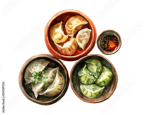 Watercolor Style Dumplings in Bowls Overhead View, PNG
